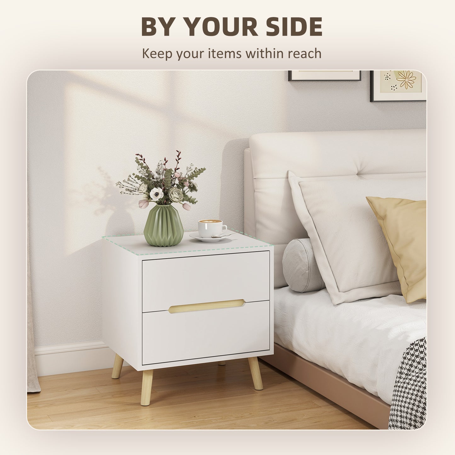 Nightstands Set of 2, Bedside Table with 2 Drawers, Modern Side End Table with Solid Wood Legs for Bedroom, White