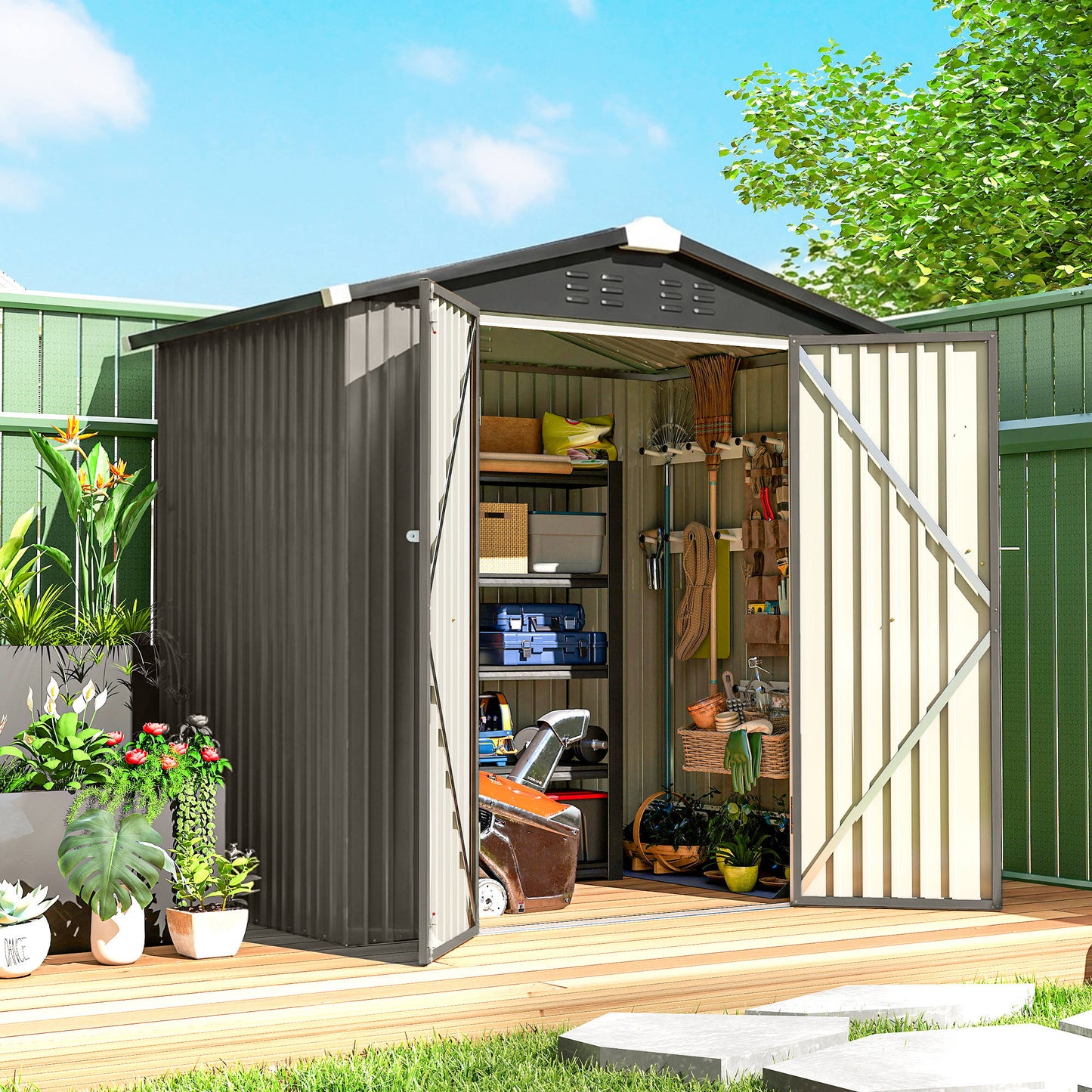 6.5' x 4' Metal Garden Shed with Lockable Doors - Light Grey