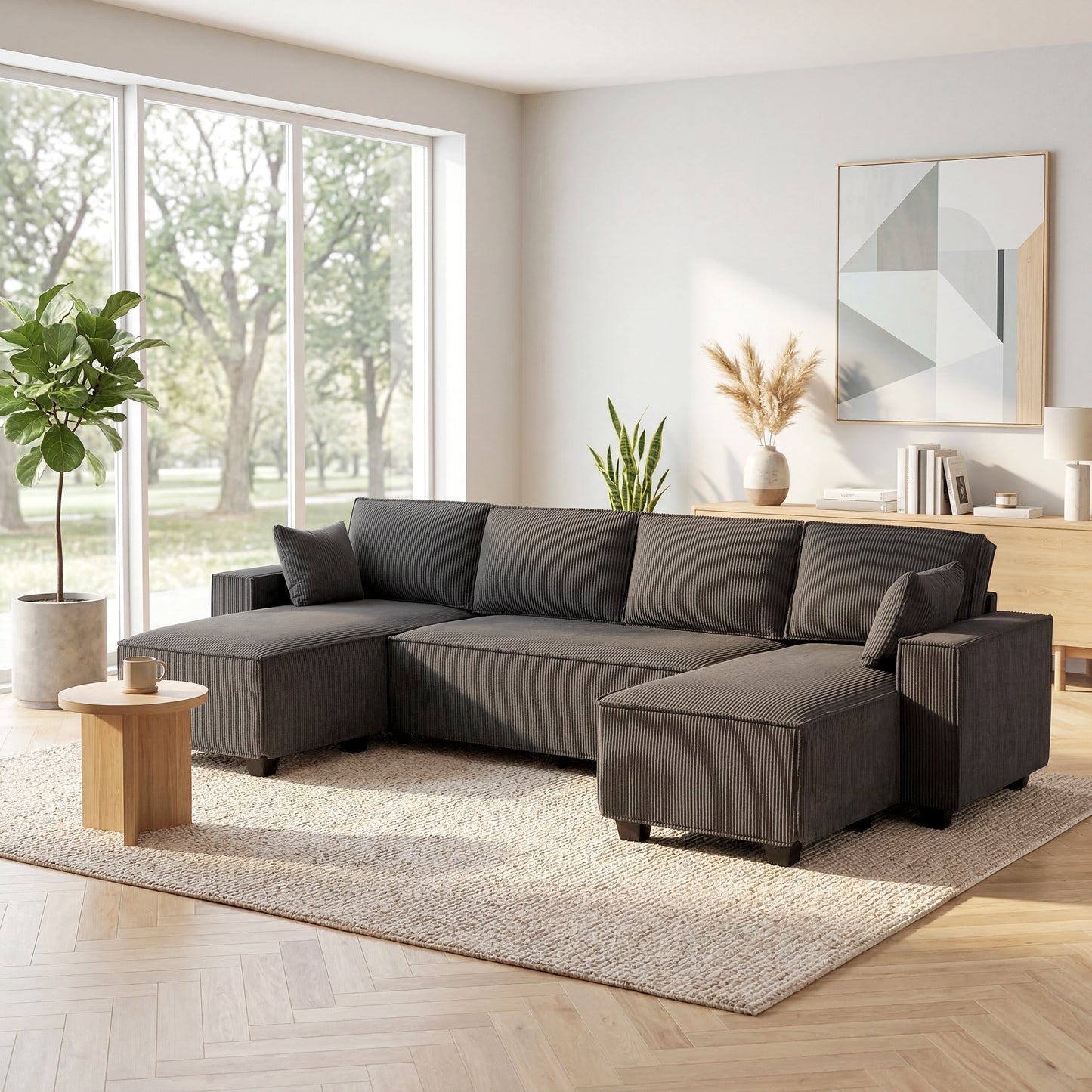 Modular U Shaped Couch, Sectional Sofa with Double Chaises and Spring Cushions, Dark Grey