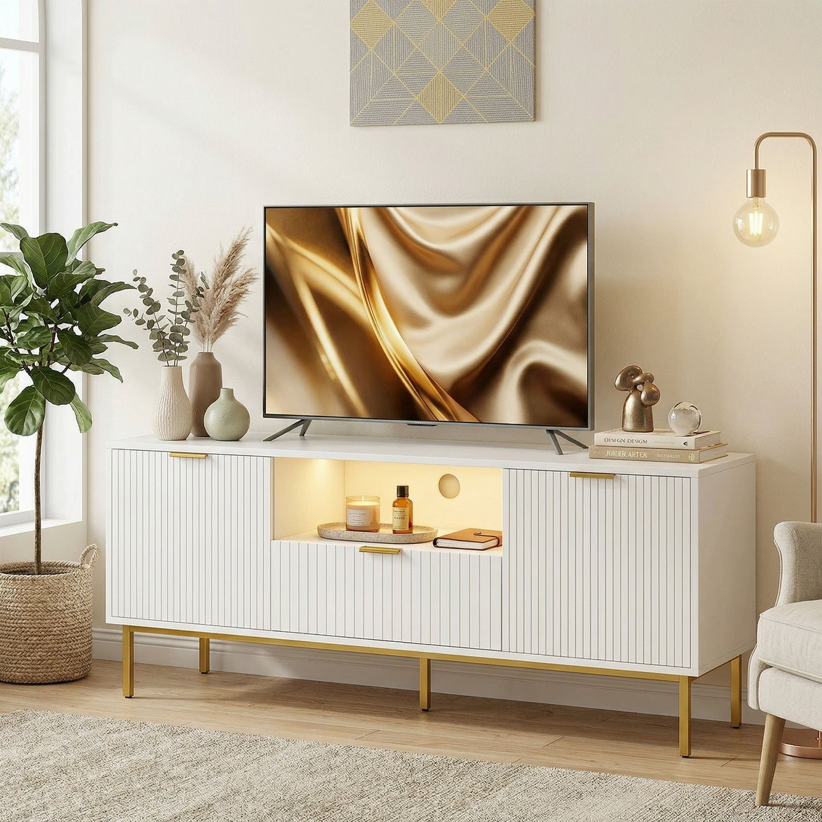 Modern TV Console for TVs up to 60 Inch, Entertainment Center with Smart RGB LED Lights and Soft Close Doors, White