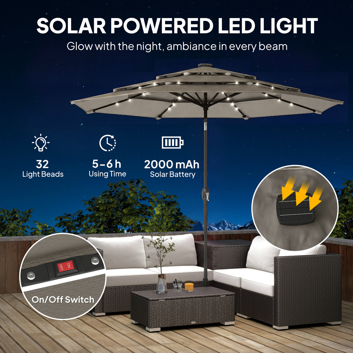 9.3' Grey Market Umbrella with Solar LED Lights & Tilt Crank