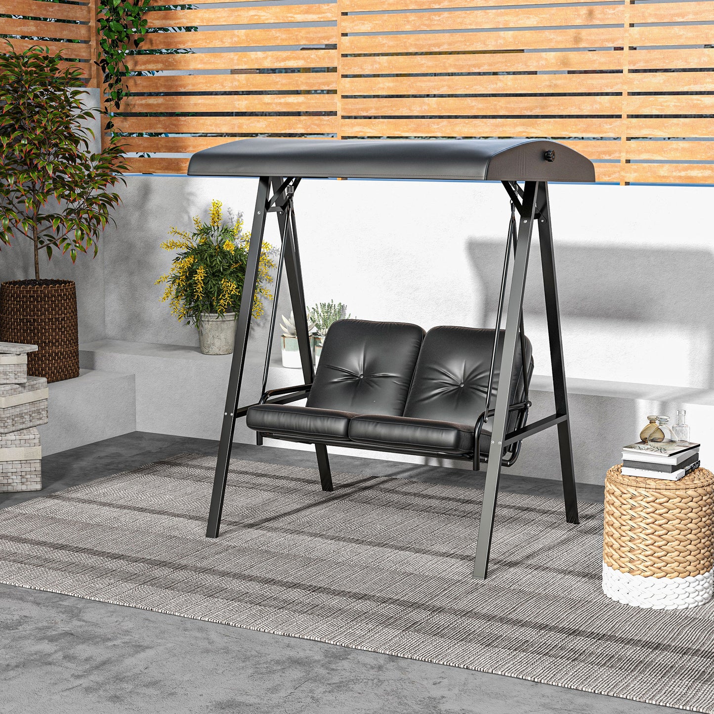 2-Seater Outdoor Porch Swing with Adjustable Canopy, Patio Swing Chair for Garden, Poolside, Backyard, Dark Blue