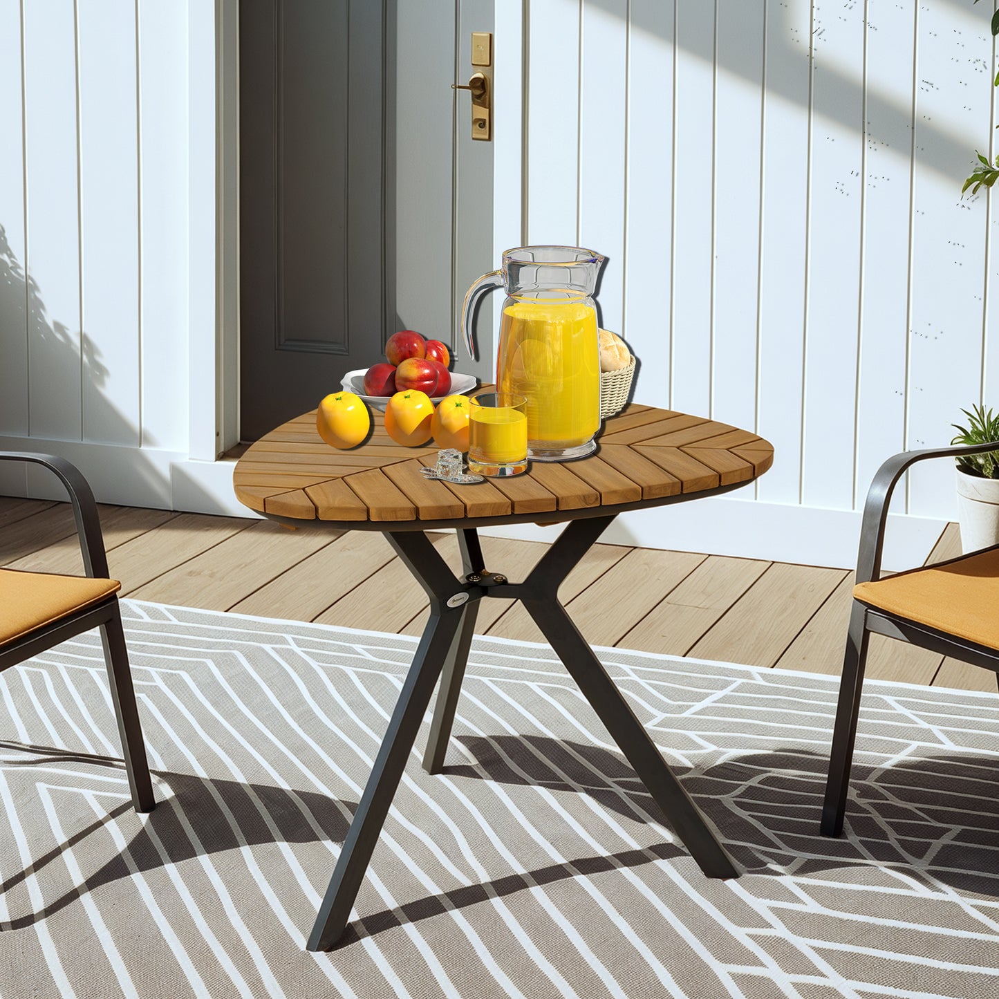 35.4" Outdoor Dining Table with Slatted Acacia Wood Leaf Tabletop, Patio Table with Steel Legs for Garden, Yard, Teak