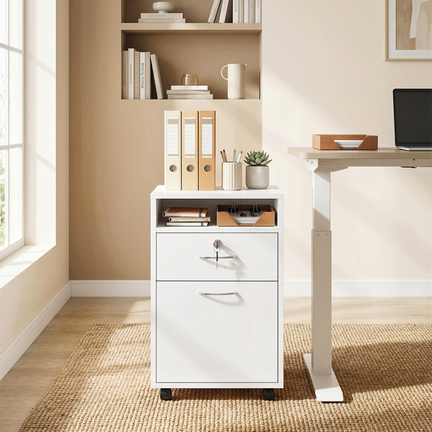 24" Vertical Filing Cabinet with Lockable Drawer, Mobile File Cabinet with 2 Keys, Wheels for Home Office, White