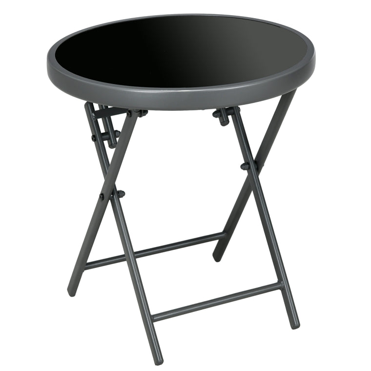 18" Black Round Folding Side Table with Glass Top