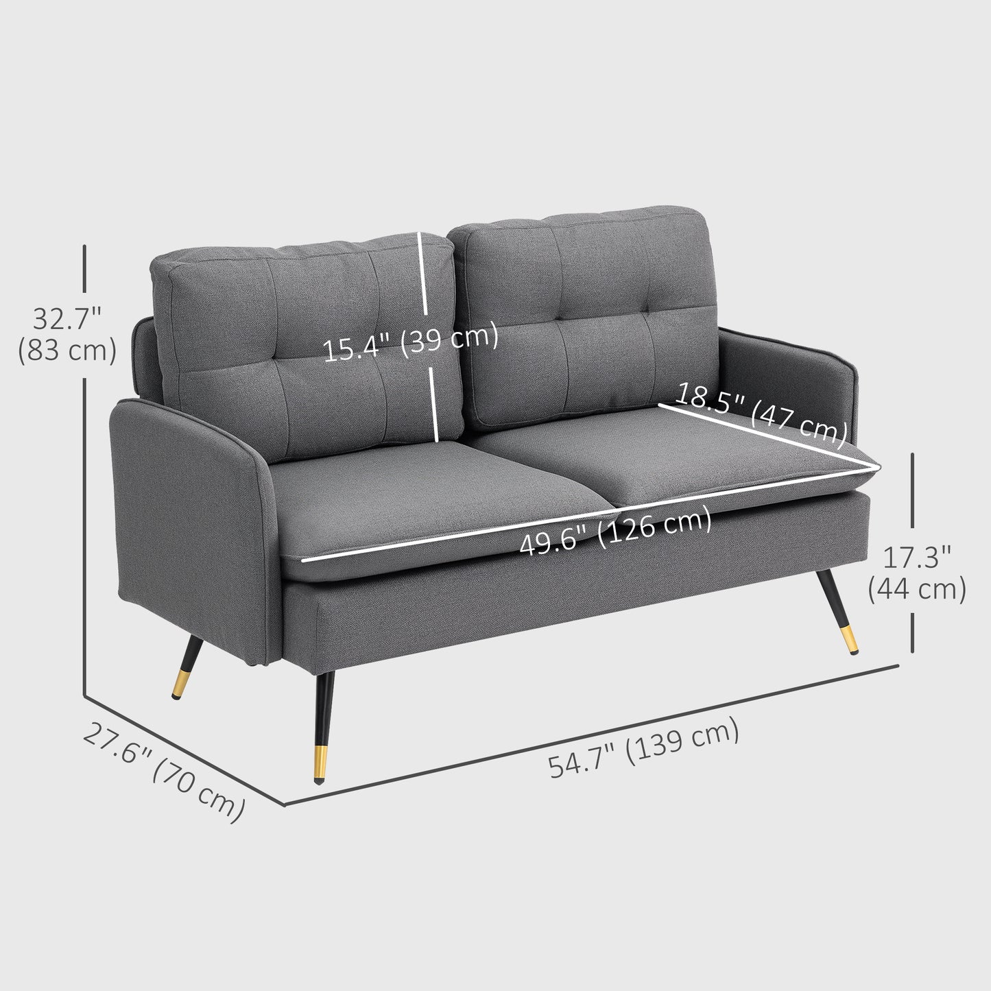 55" Loveseat Sofa, Linen Love Seat w/ S spring, Steel Legs and Button Tufting, Small Couch for Living Room, Dark Grey