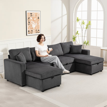 Corduroy U-Shaped Sleeper Sectional with Storage Chaise - Grey