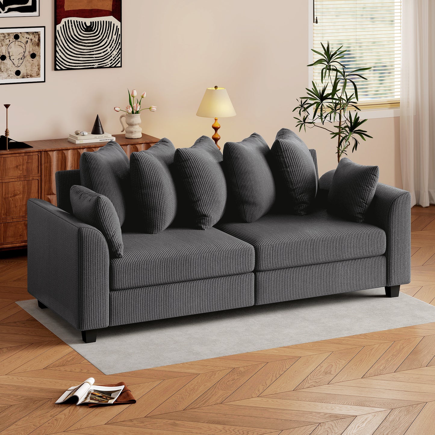Corduroy Couch, 3 Seater Sofa, Modern Upholstered Couch with Curved Armrests and 8 Removable Pillows, Dark Grey