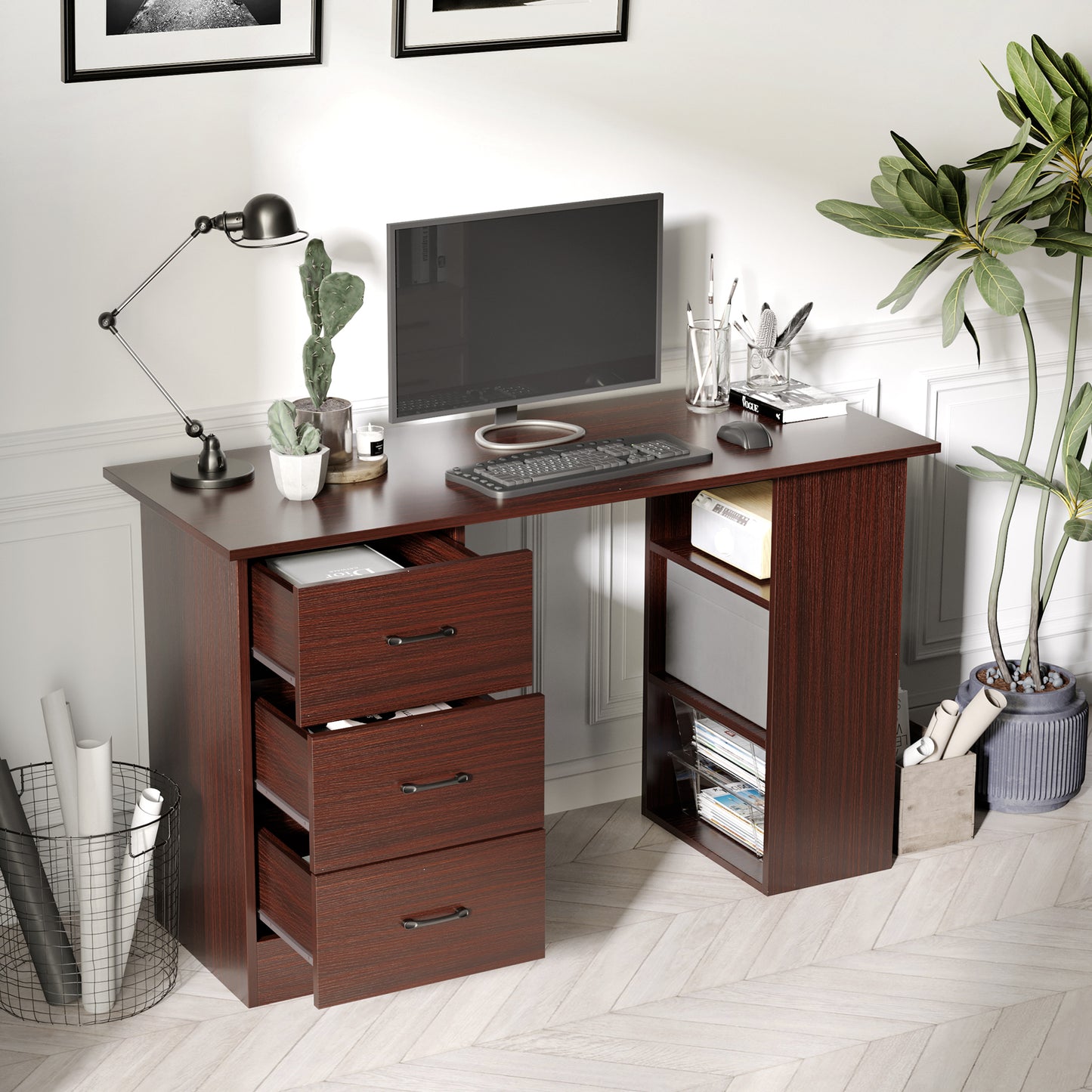 Computer Desk, 47" Writing Table with 3-Tier Shelves and 3 Reversible Drawers for Home Office, Bedroom, Walnut