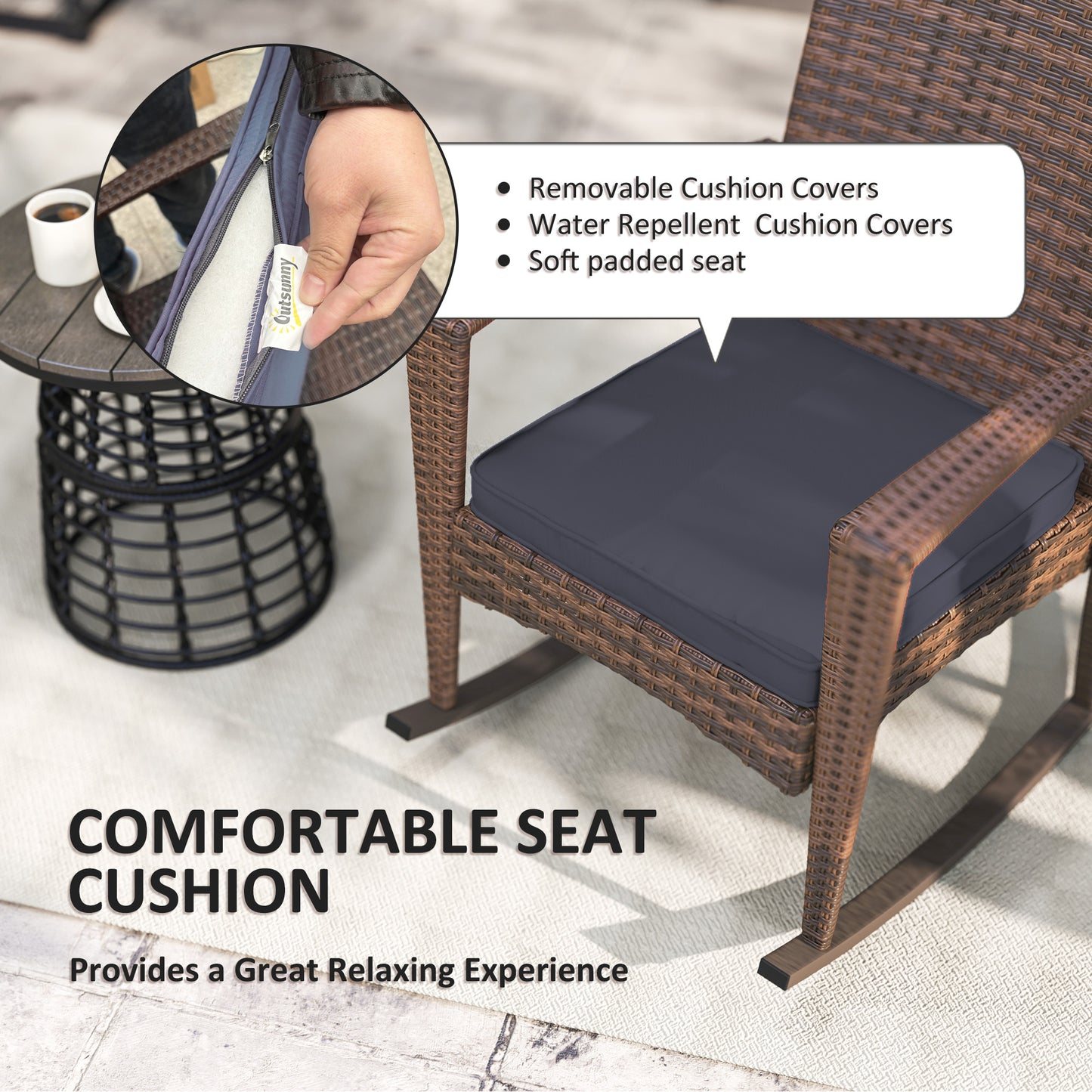 Outdoor PE Rattan Rocking Chair, Garden Glider Rocking Chair, Wicker Patio Chair Set with Armrest and Cushion, Wine Red