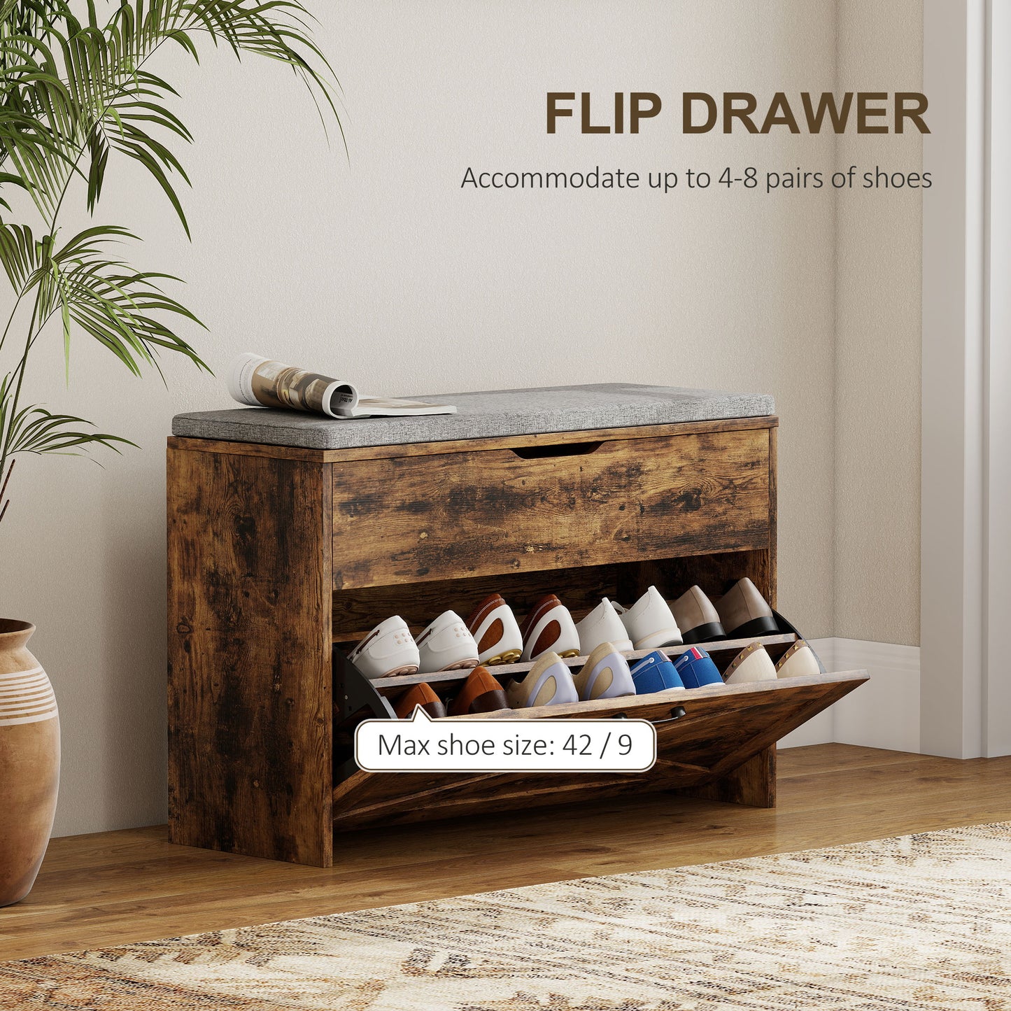 Shoe Storage Bench with Flip Drawer and Lift Top Storage, Entryway Bench with Seat Cushion for Hallway, Rustic Brown
