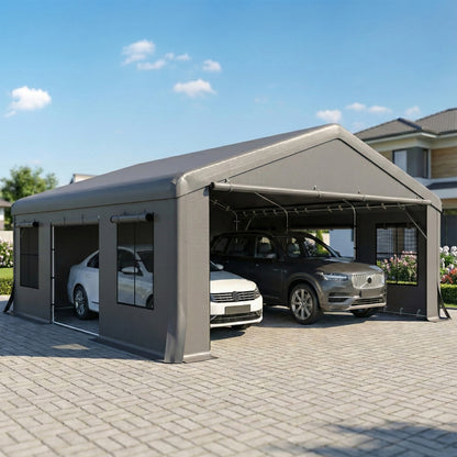 20' x 20' Dark Grey Carport with Roll-Up Doors & Windows