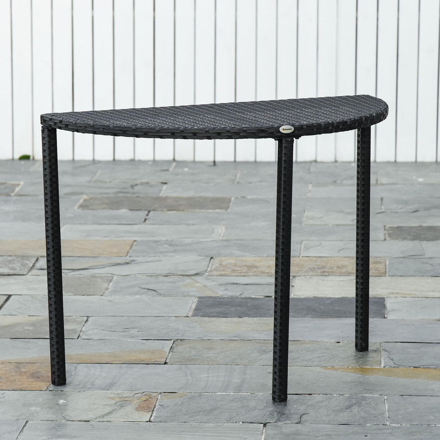 Half Round Side Table, PE Rattan Coffee Table with Metal Frame for Patio, Garden, Balcony, Black