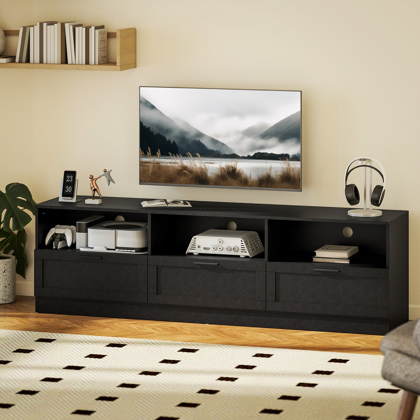 TV Stand with Storage, Modern Entertainment Center with 3 Cabinets and 3 Open Shelves, for TVs up to 85", Black