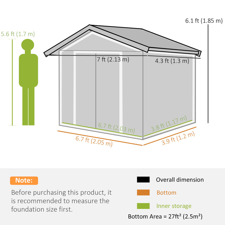 7' x 4' x 6' Tool Shed with Double Doors and Foundation Kit