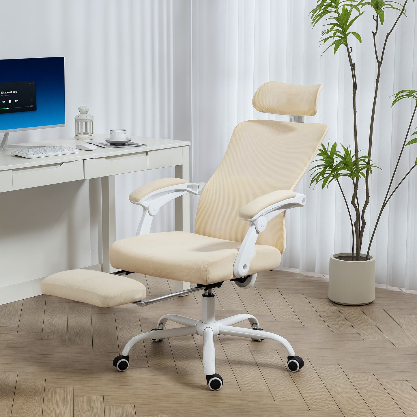 Ergonomic Office Chair, Mesh Reclining Desk Chair with Adjustable Lumbar Support, Headrest, Beige