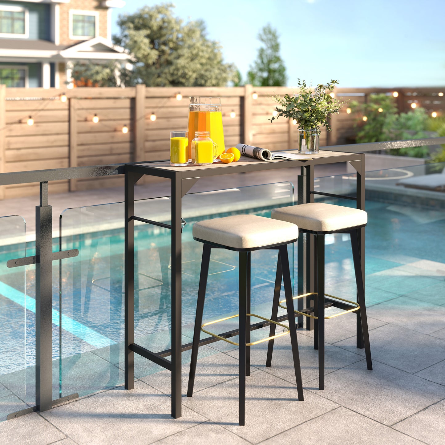 Bar Height Outdoor Table with Built-In Bottle Opener, Patio Bar Table with Wood Grain Plastic Top, 47.2" x 15" x 39"