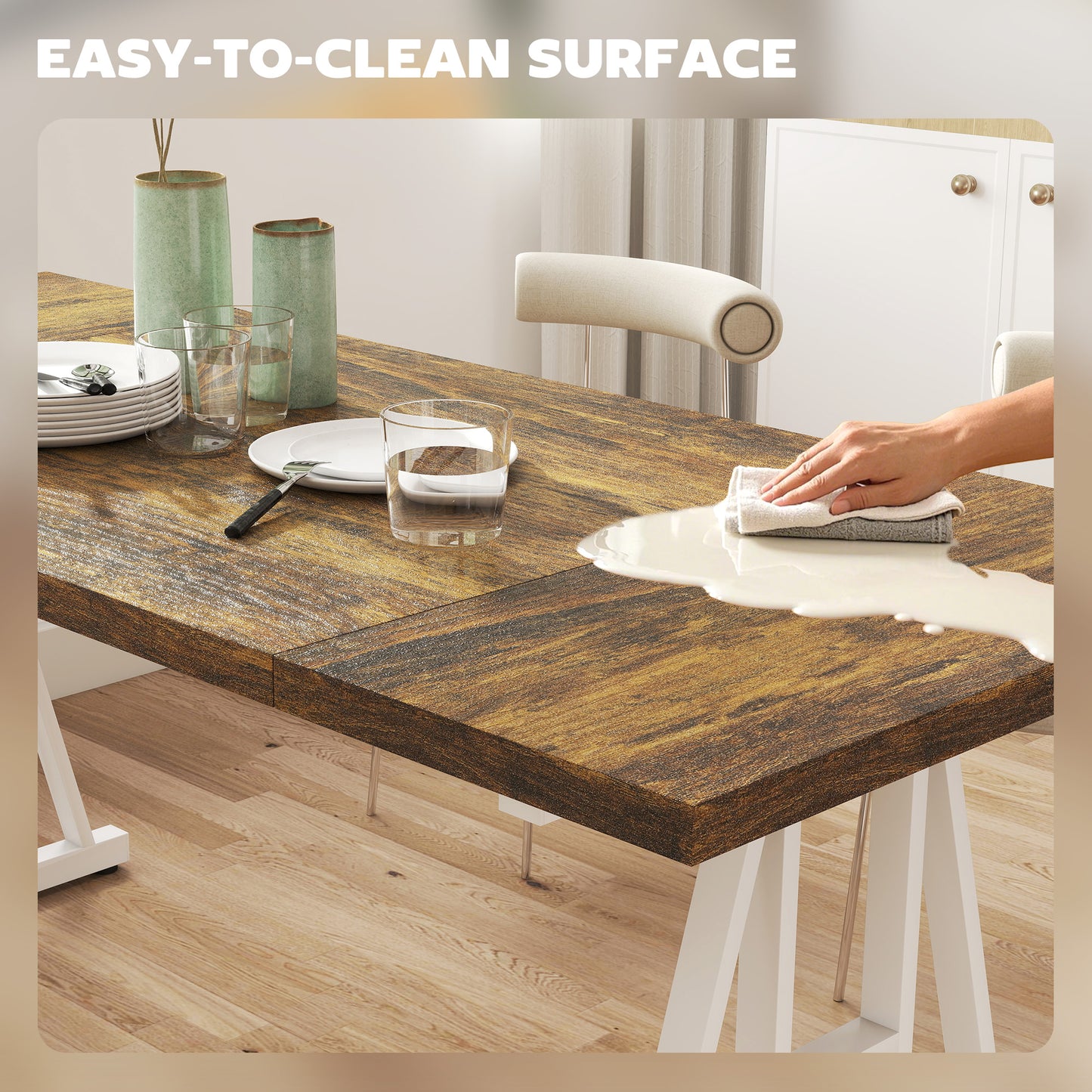 Farmhouse Kitchen Table for 8, Rectangular Dining Table with Thick Tabletop and Steel Trestle Legs, Brown and White