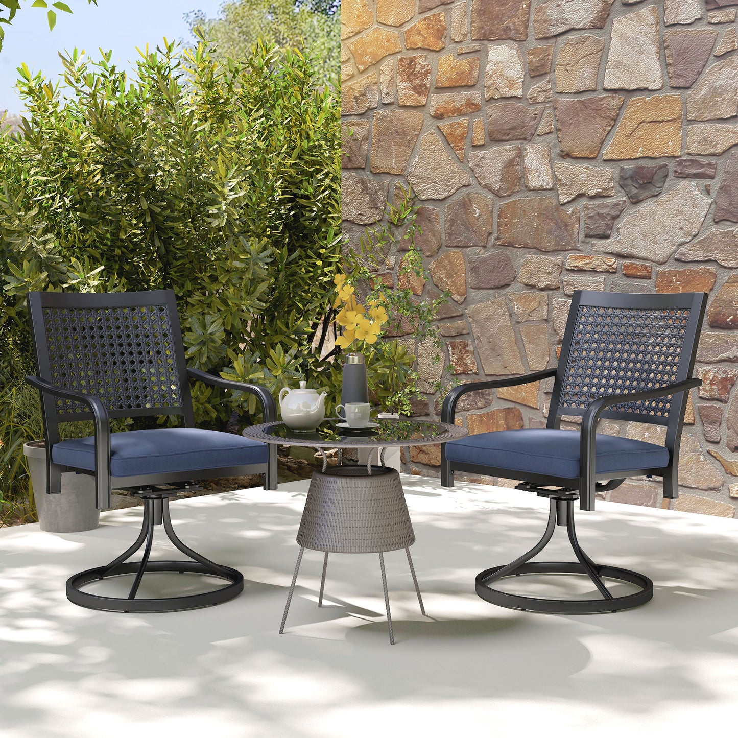 Patio Swivel Chairs with Cushion, Outdoor Swivel Rocker with Curved Armrests, Red - Black