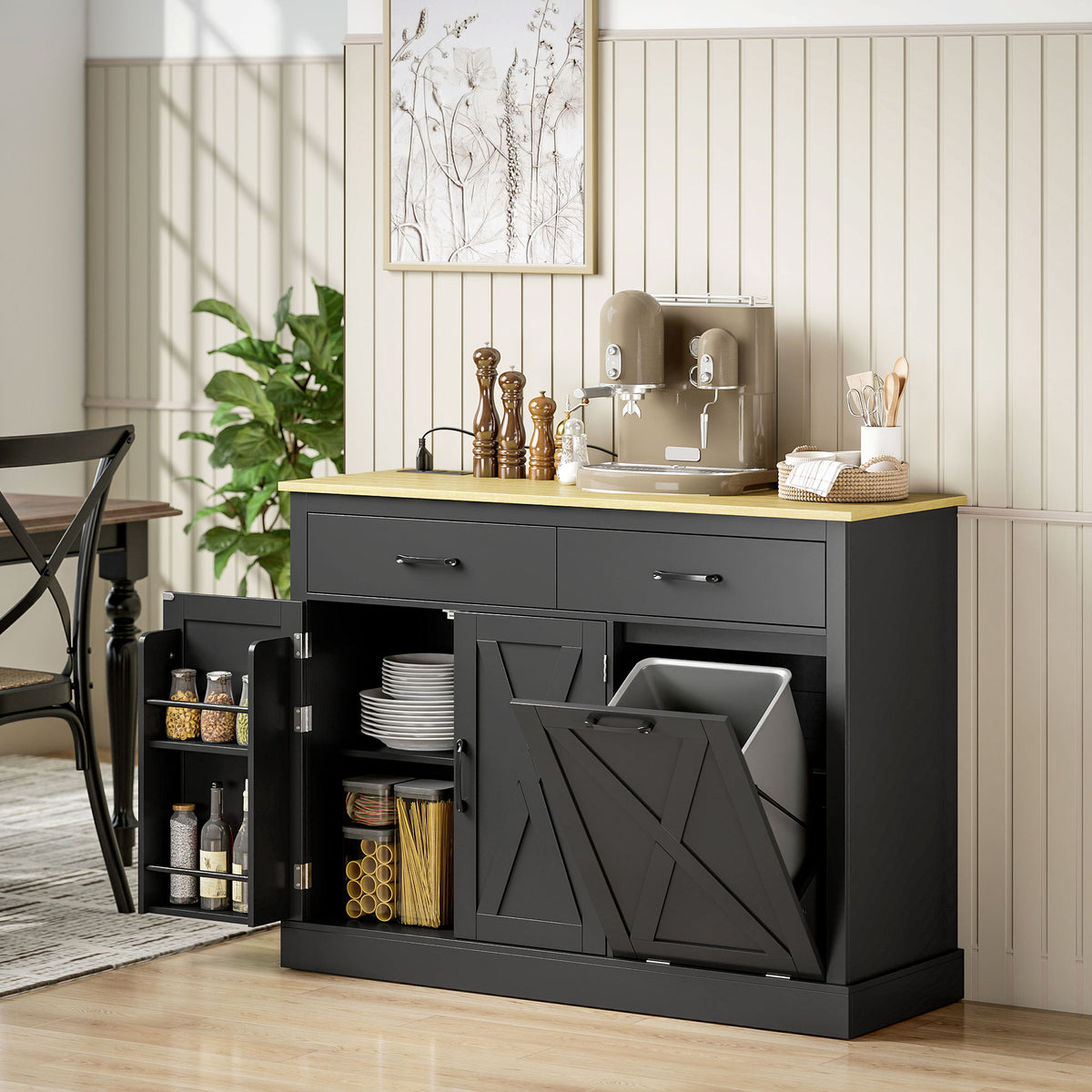 7 Gallon Tilt Out Garbage Cabinet, Kitchen Island with Charging Station, 2 Drawers, 4 Door Racks, Black