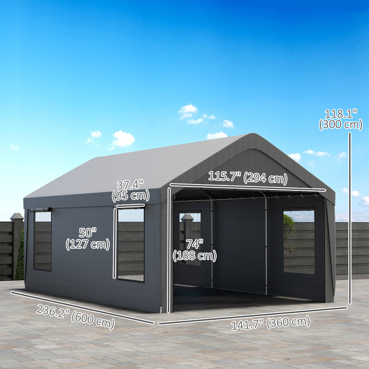 12' x 20' Dark Grey Carport with Roll-Up Doors & Windows