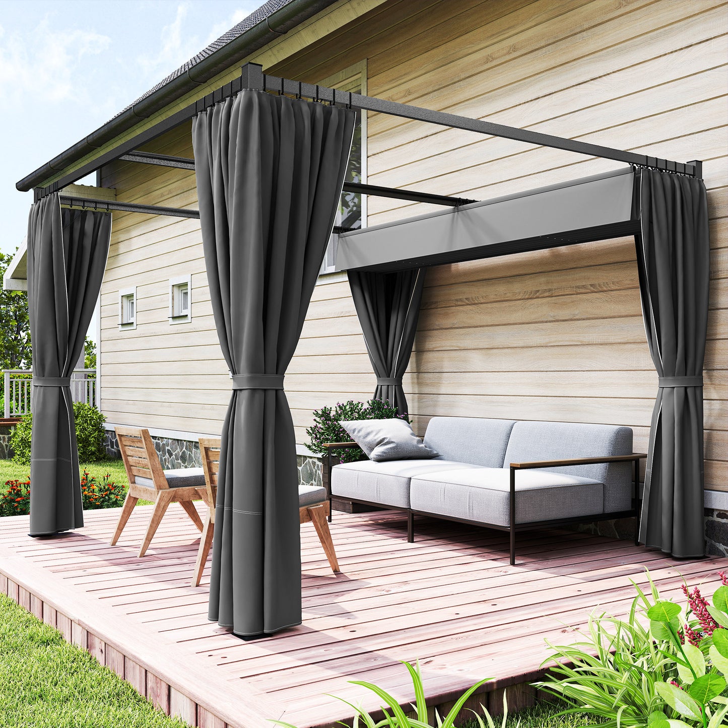 10' x 10' Retractable Pergola Canopy with Sidewalls, Metal Outdoor Gazebo Sun Shade Shelter, Dark Grey