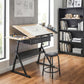 Adjustable Drafting Table, Art Desk Drawing Table Workstation with Stool and Storage Drawers for Painting, Oak