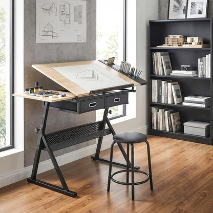 Adjustable Drafting Table with Stool and Storage - Oak