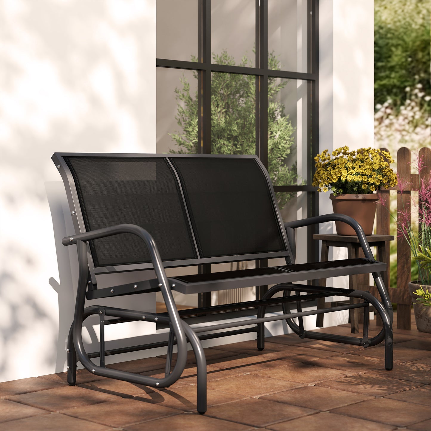 Patio Double Glider Bench Swing Chair Rocker Heavy-Duty Loveseat Outdoor Garden Rocking Bench Steel Frame Sling Fabric Seat Black