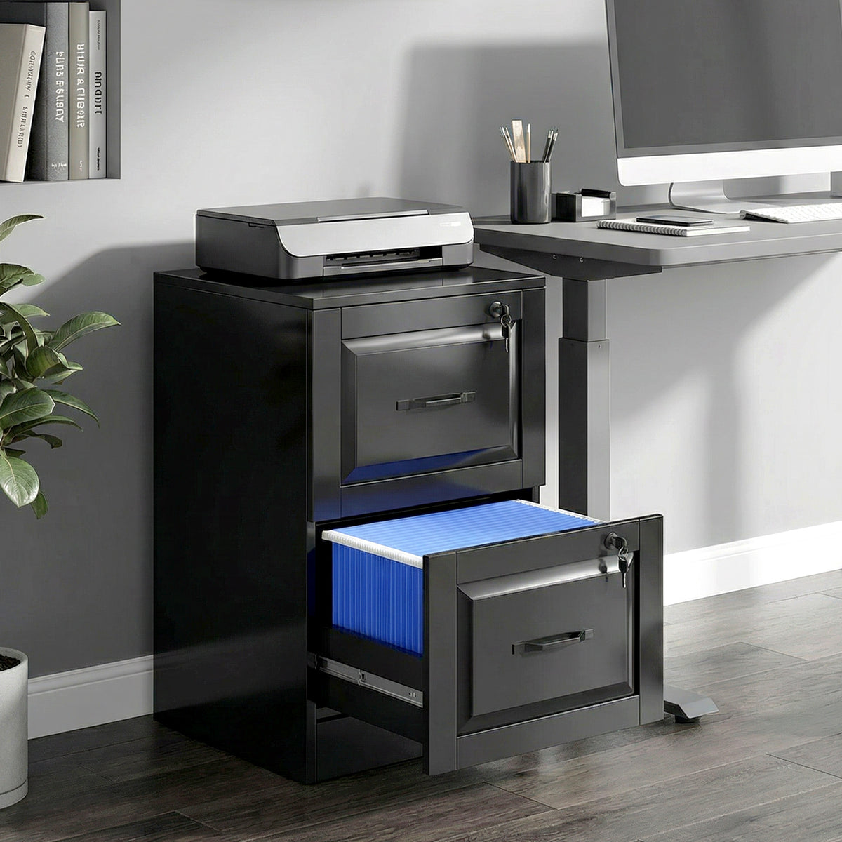 2 Drawer File Cabinet with Lock, Vertical Filing Cabinet with Adjustable Hanging Bars for A4 and Letter Size, Black
