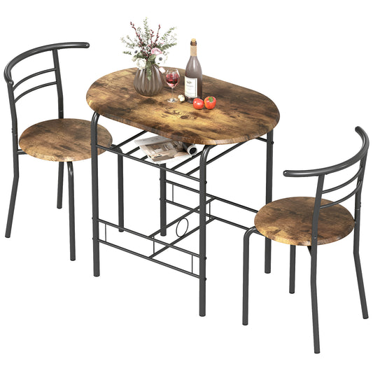 3-Piece Dining Table Set for 2 with Shelf - Rustic Brown