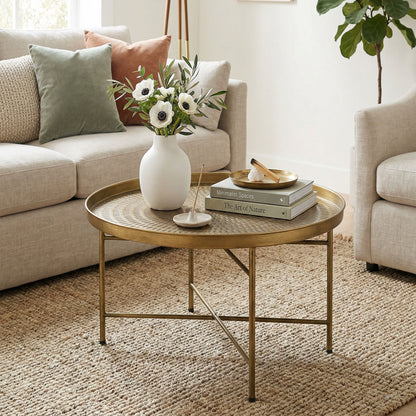 24" Round Coffee Table with Hammered Tray Top - Gold
