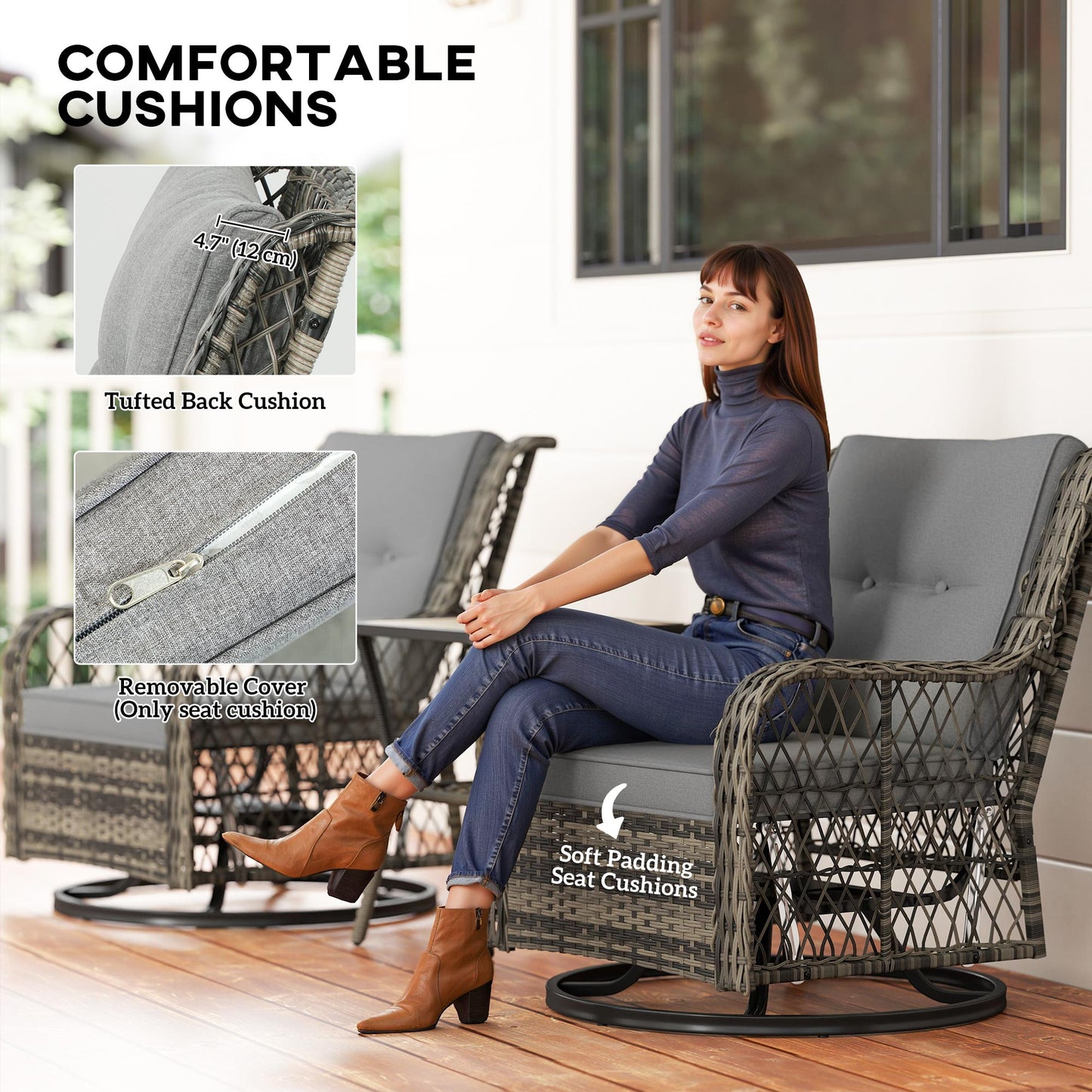 3 Piece Outdoor Bistro Set, Wicker Patio Furniture Set with Swivel Glider Chairs for Balcony, Porch, Grey