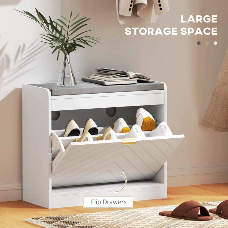 Upholstered Shoe Storage Bench with Flip Drawer, 23.6" Wide, White
