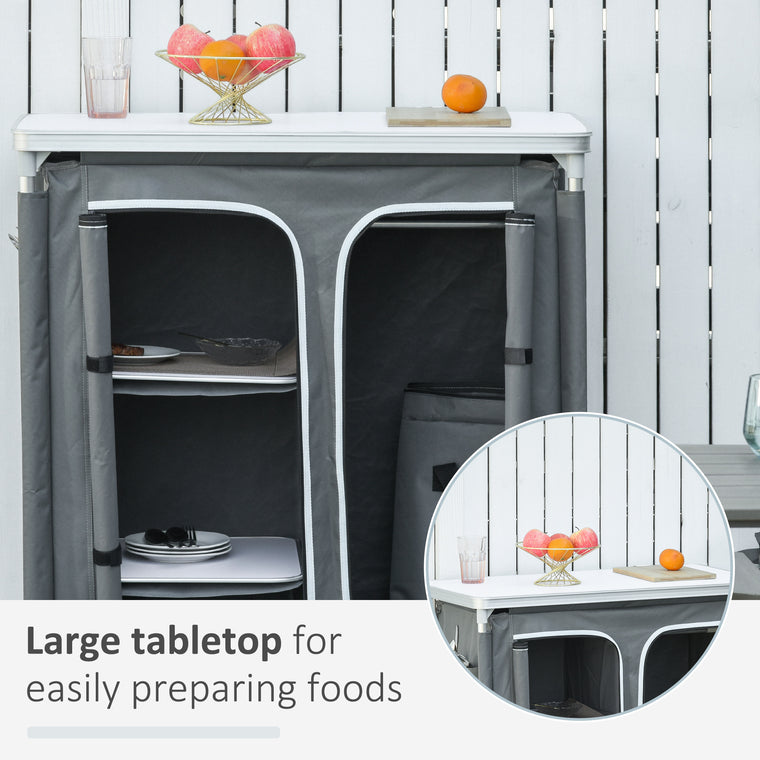 Grey Aluminum Camping Table with 3-Shelf Cupboard