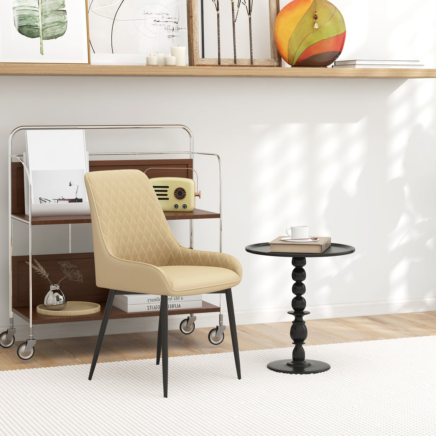 Upholstered Kitchen Chairs, Modern Dining Chairs Set of 2 with Diamond Tufting and Steel Legs for Dining Room, Khaki