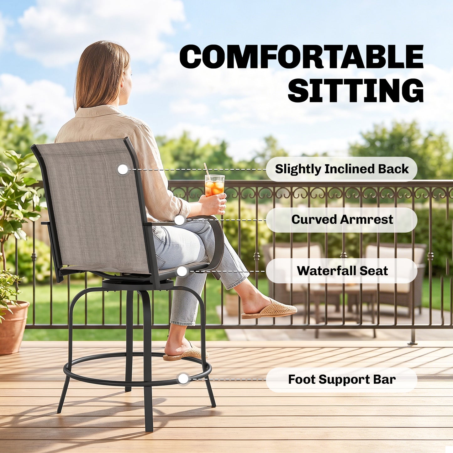 Outdoor Bar Stools Set of 2, 360° Swivel Bar Height Chairs, 26.8" x 29.5" x 48.4", Tan