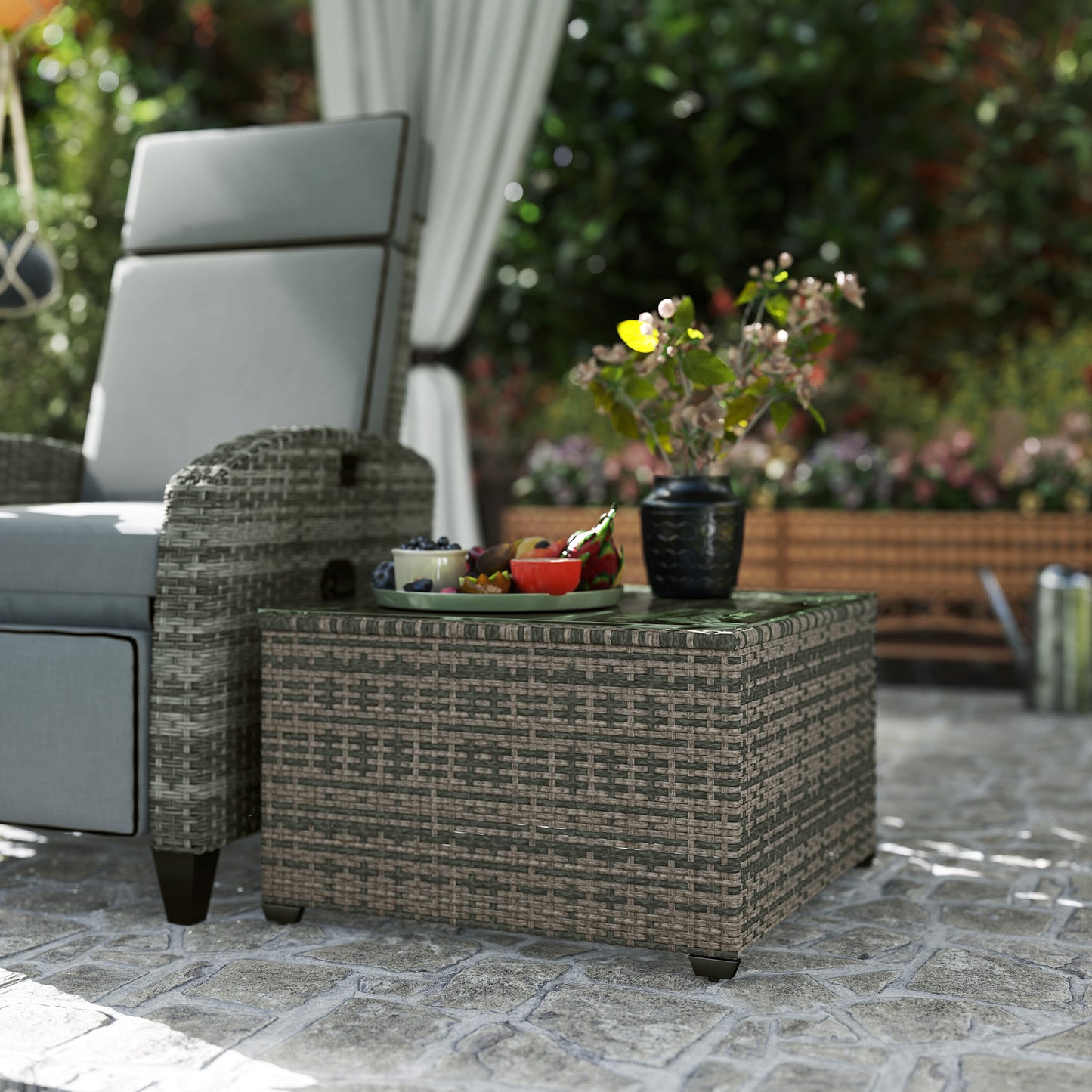 24.4" Patio Wicker Coffee Table, PE Rattan Outdoor Side Table with Tempered Glass Top, Light Grey