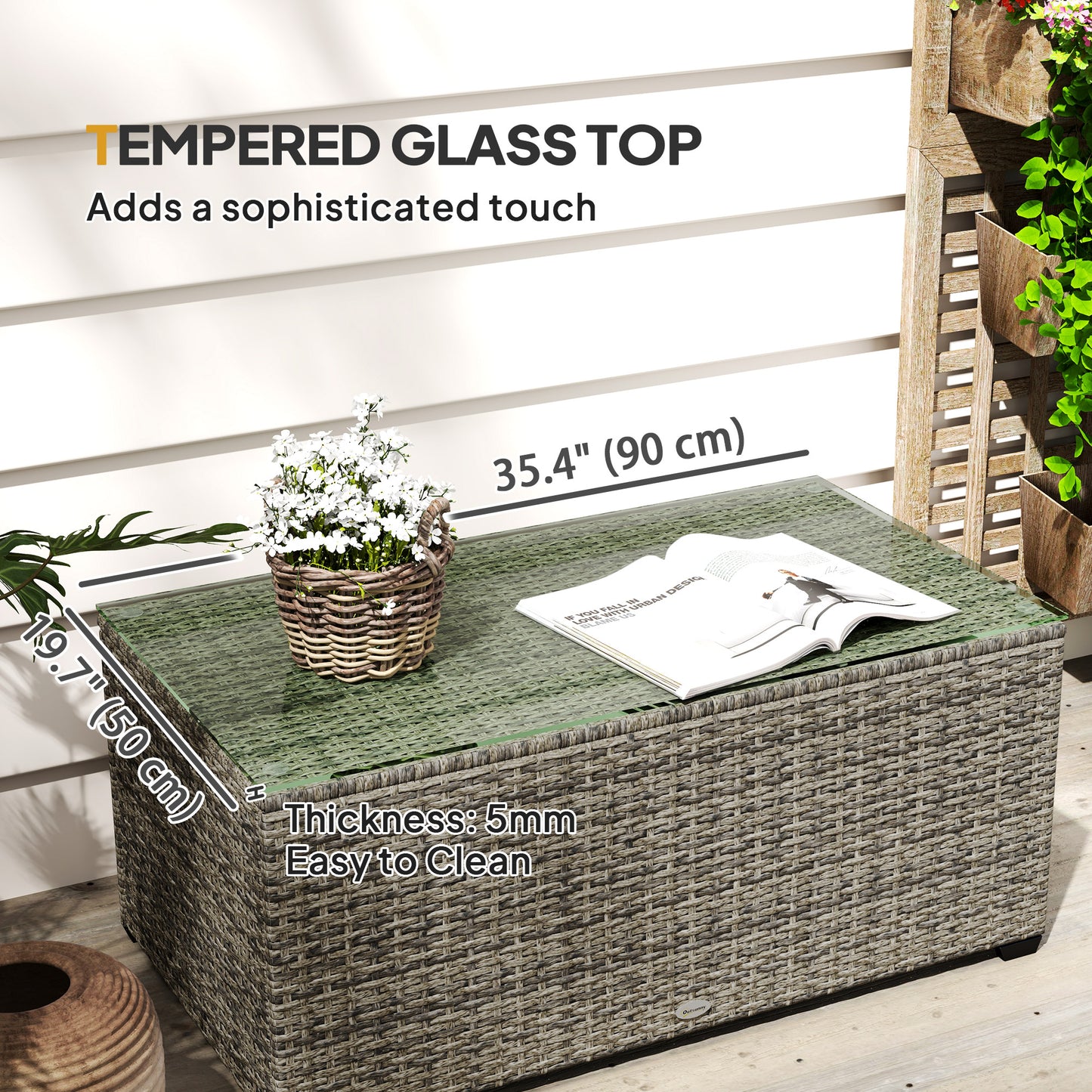 Wicker Outdoor Coffee Table, PE Wicker Rectangular Patio Table with Tempered Glass Top for Garden, Balcony, Dark Grey