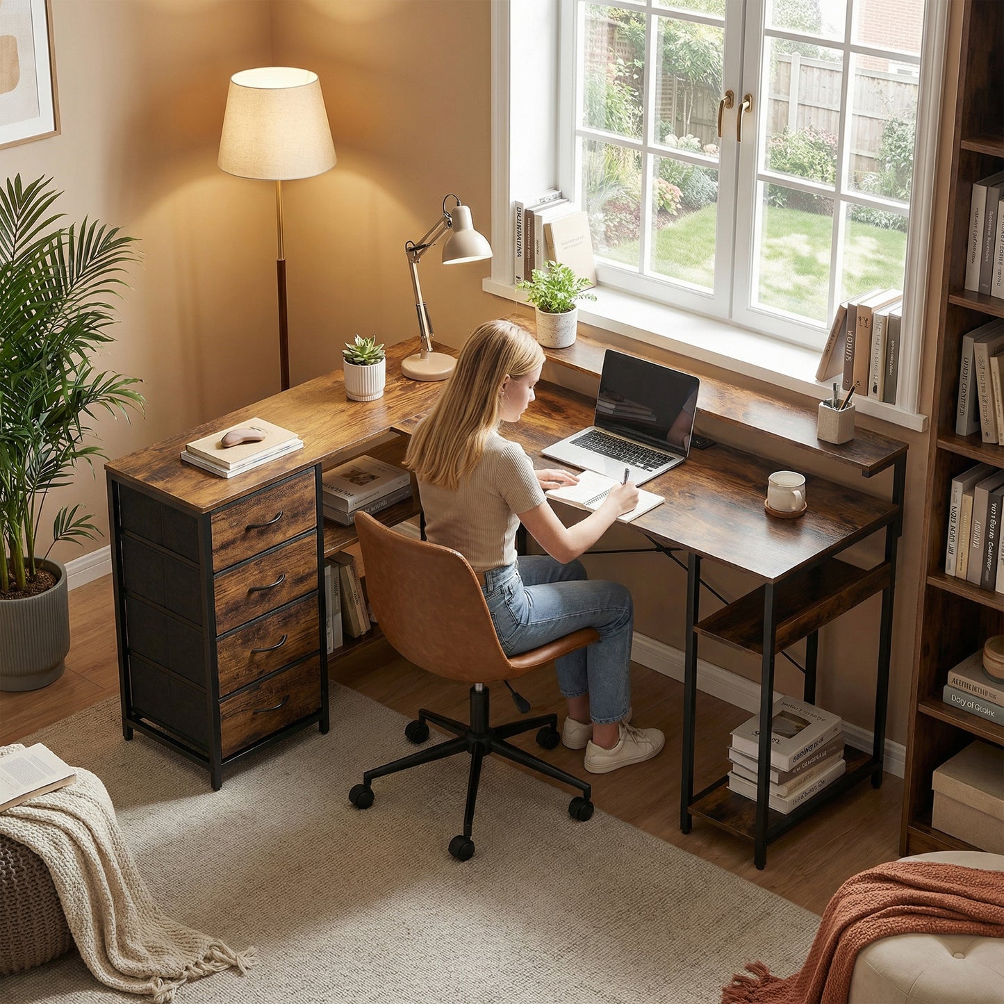 Gaming Desk with Power Outlets LED Lights Computer Desk with Drawers Monitor Stand 61" Rustic Brown
