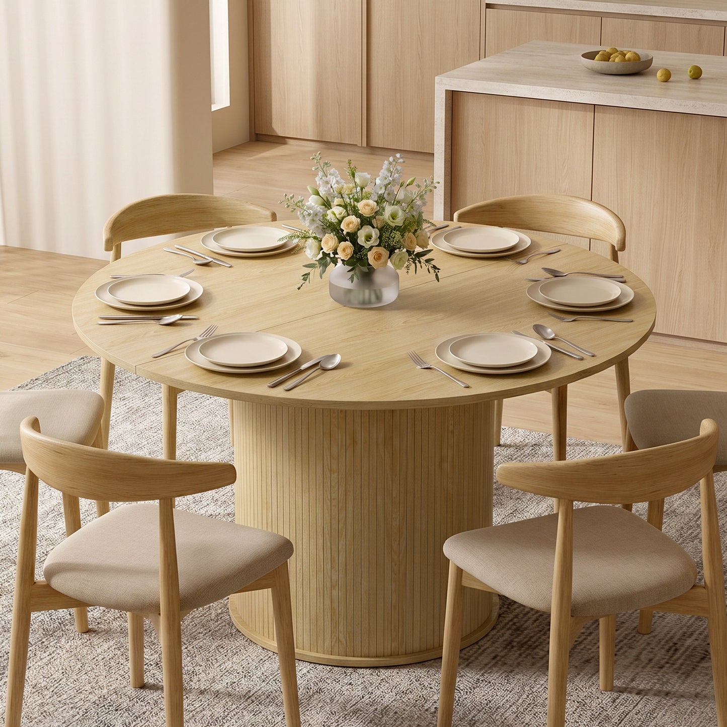Round Dining Table for 4-6, 47 Inch Kitchen Table with Fluted Pedestal Base, for Kitchen Living Room Dining Room, Natural