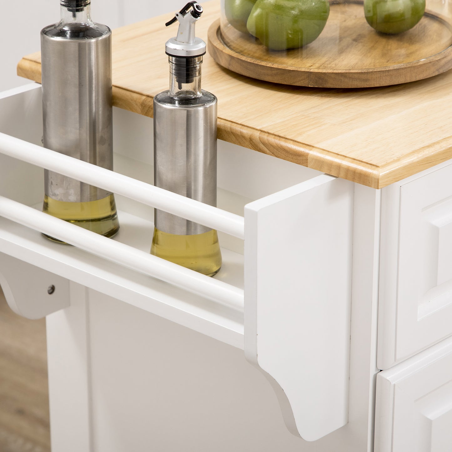 Kitchen Island With Storage Rolling Kitchen Serving Cart with Rubber Wood Top Towel Rack Storage Drawer Cabinet, White