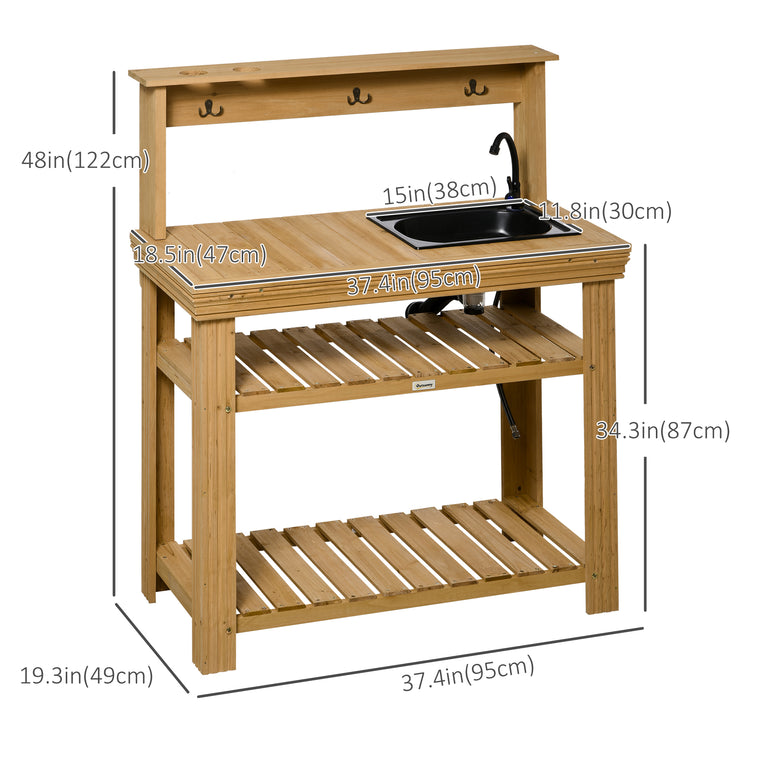 Yellow Wood Potting Bench Table with Faucet & Storage Shelves