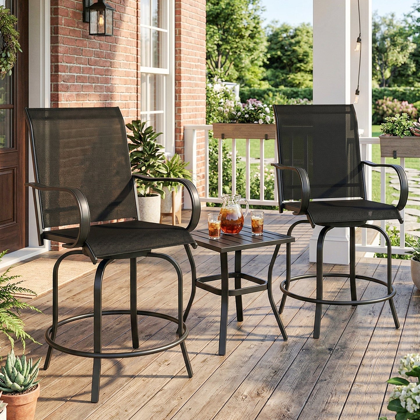 Outdoor Bar Stools Set of 2, 360° Swivel Bar Height Chairs, 26.8" x 29.5" x 48.4", Tan - Black