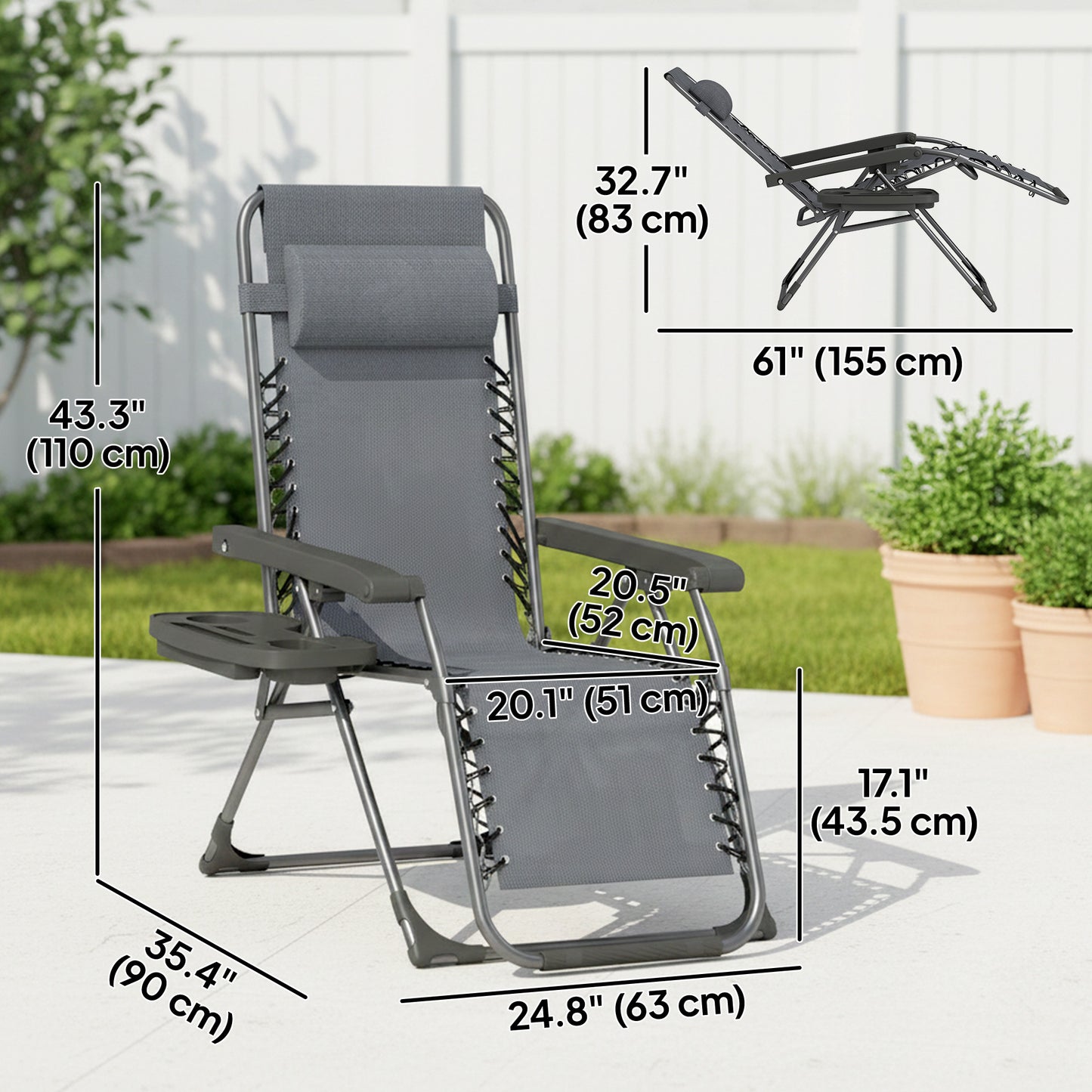 Zero Gravity Chair Set of 2, Folding Reclining Outdoor Lounge Chair with Cup Holder, Headrest, Dark Grey