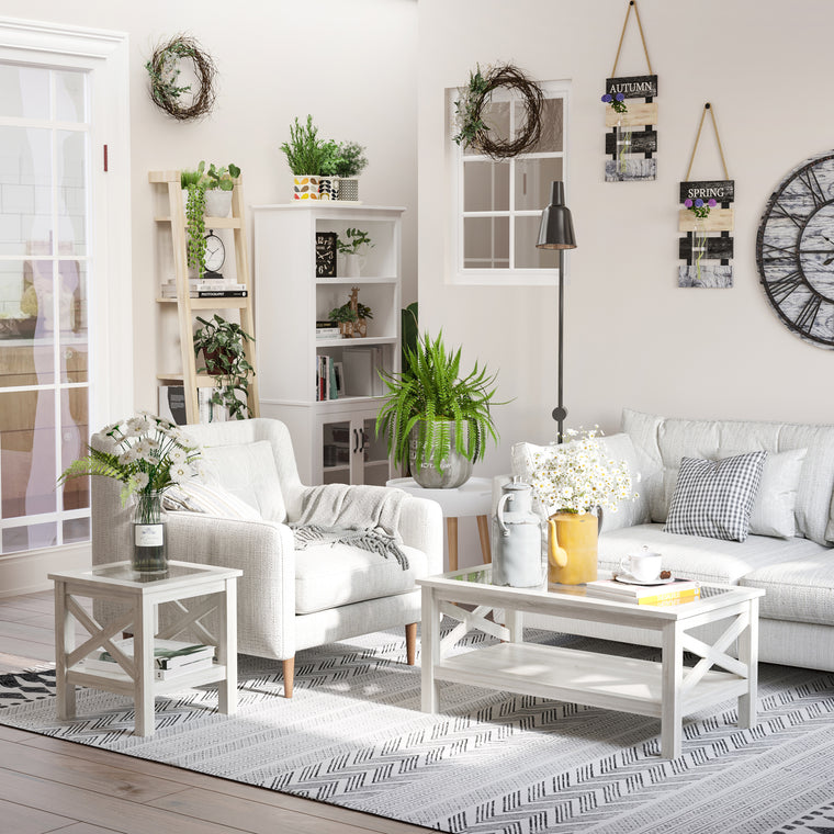 Farmhouse Glass-Top Coffee Table with Storage Shelf