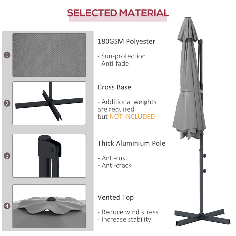 10FT Grey Aluminum Cantilever Umbrella with 360° Rotation