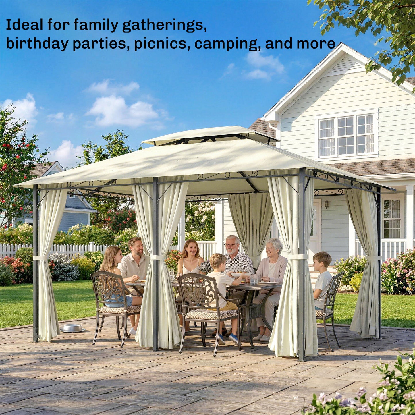 13' x 10' Soft-top Gazebo Patio Steel Canopy Portable Party Event with Double Canopy Roof, Curtains, Cream White