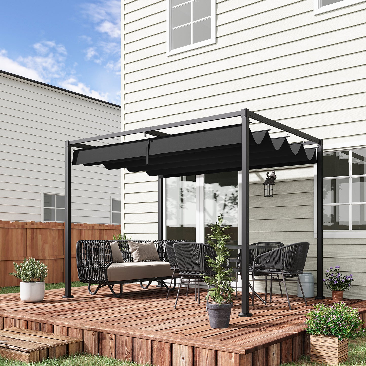 10' x 7' Black Patio Pergola with Retractable Canopy