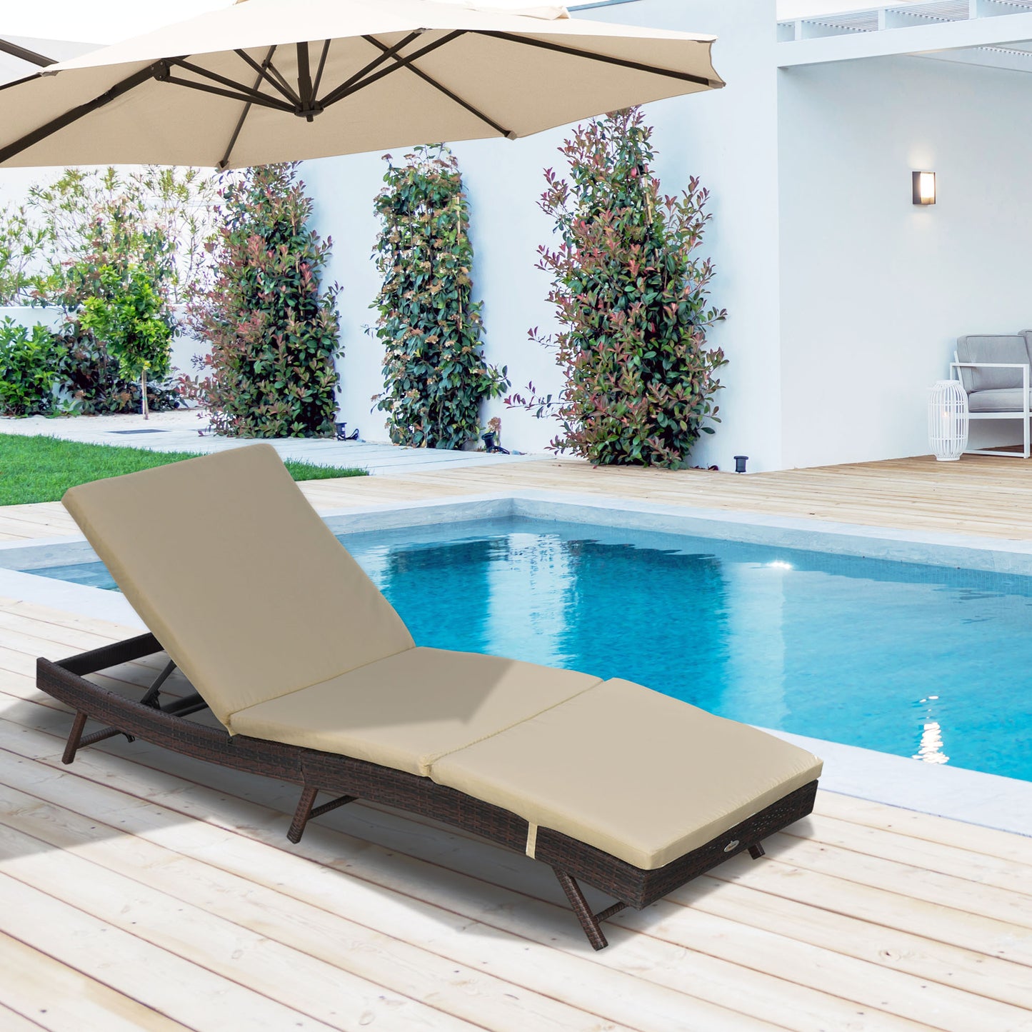 Wicker Patio Lounger, Outdoor Recliners Lounge Chair w/ 5-Level Adjustable Backrest, Cushion for Outdoor, Khaki